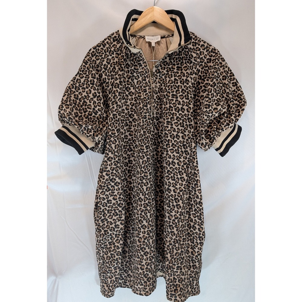 Entro Leopard Print Puff Sleeve Quarter Zip short Dress Tan Black Large NWT